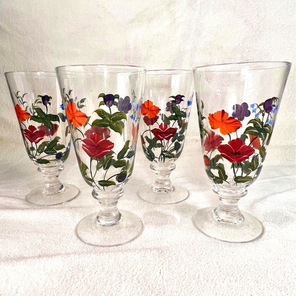 VINTAGE HAND PAINTED Enamel 8” Goblets Glasses Wine Water Iced Tea Flowers